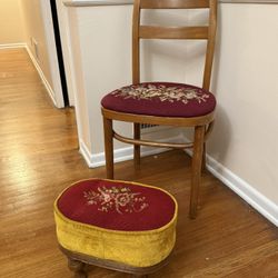 Antique Vintage needlepoint chair and velvet and needlepoint foot stool. Very adorable and sweet!