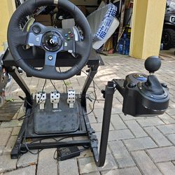 Logi Tech XBOX wheel And Cage With Pedals And Gear Shifter 