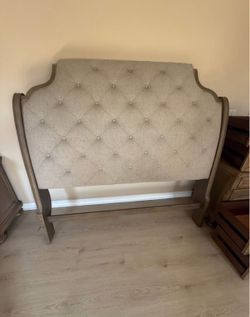 Beige upholstered real wood queen bed frame - $180 OBO