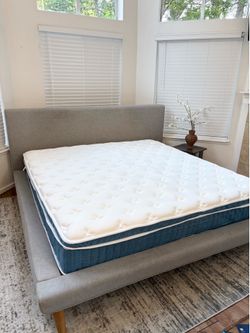 Elm King Upholstered Bed Frame + Pillow Top Mattress grey Bed Set $400 obo