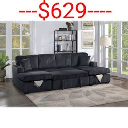 Black corduroy u shaped sectional sleeper sofa with pull out bed