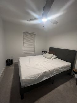 Grey Fabric Platform Queen Bed - bed frame & headboard