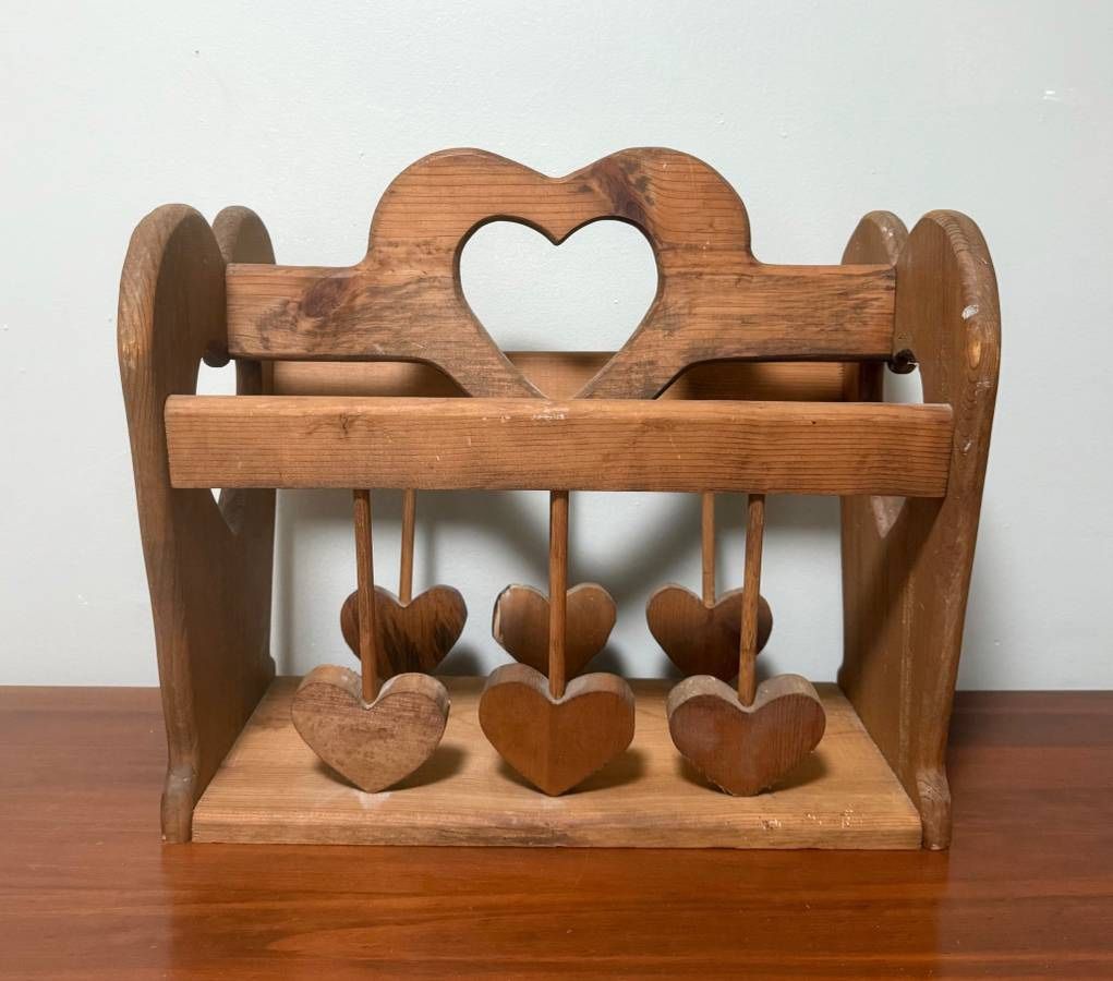 Antique Solid Wood Love Heart Magazine Rack