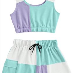SHEIN PURPLE AND GREEN COLORBLOCK SLEEVELESS CROP AND PULL ON SHORTS SET B 