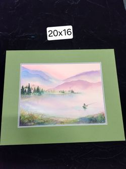 Matted Watercolor Print Fly Fishing Mountain Lake