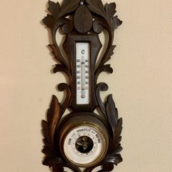 Vintage Danish Carved Wood Weather Station Barometer