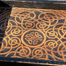 Gorgeous small woodburned top featuring Celtic knots coffee table , tea table