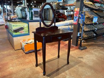 Vintage Mahogany Wood Vanity Table with Oval Mirror