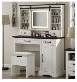 Farmhouse Makeup Vanity Desk with Sliding Mirror, Large Vanity Set with 3 Brightness Lights