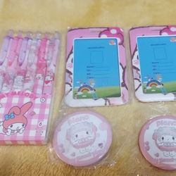 NEW! My Melody 10 piece set (6 Pens, 2 Large Buttons, 2 ID Holder/Luggage Tags)