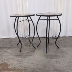Pair of Round Glass Top End Table with Floral and Bird Design