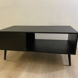 Yusong Modern Wood Coffee Table for Living Room, Retro Mid-Century Center Tables Cocktail Table with Storage Shelf for Reception, Black