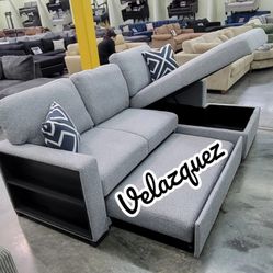 ✅️✅️2 pc Grey boucle fabric sectional sofa with pop up sleep area and storage chaise drop down tray table wireless charging✅️✅️✅️