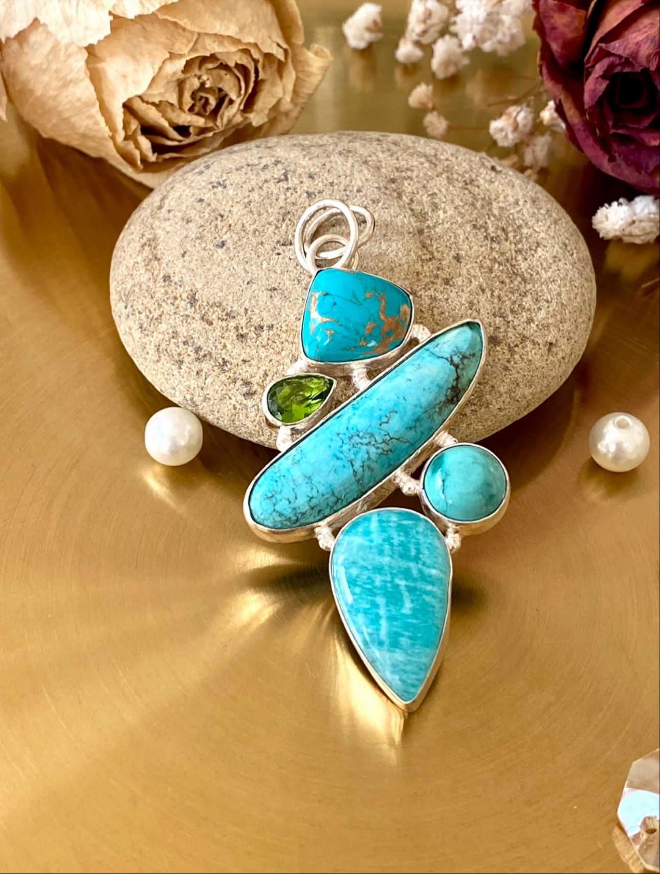 Amazonite, Turquoise And Peridot 925 Sterling Silver Overlay Handcrafted Pendant