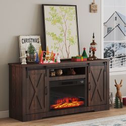 Fireplace TV Stand Sliding Barn Door Farmhouse Entertainment Center with a 23'' Electric Fireplace Insert, Storage Cabinets, Adjustable Shelves, for T