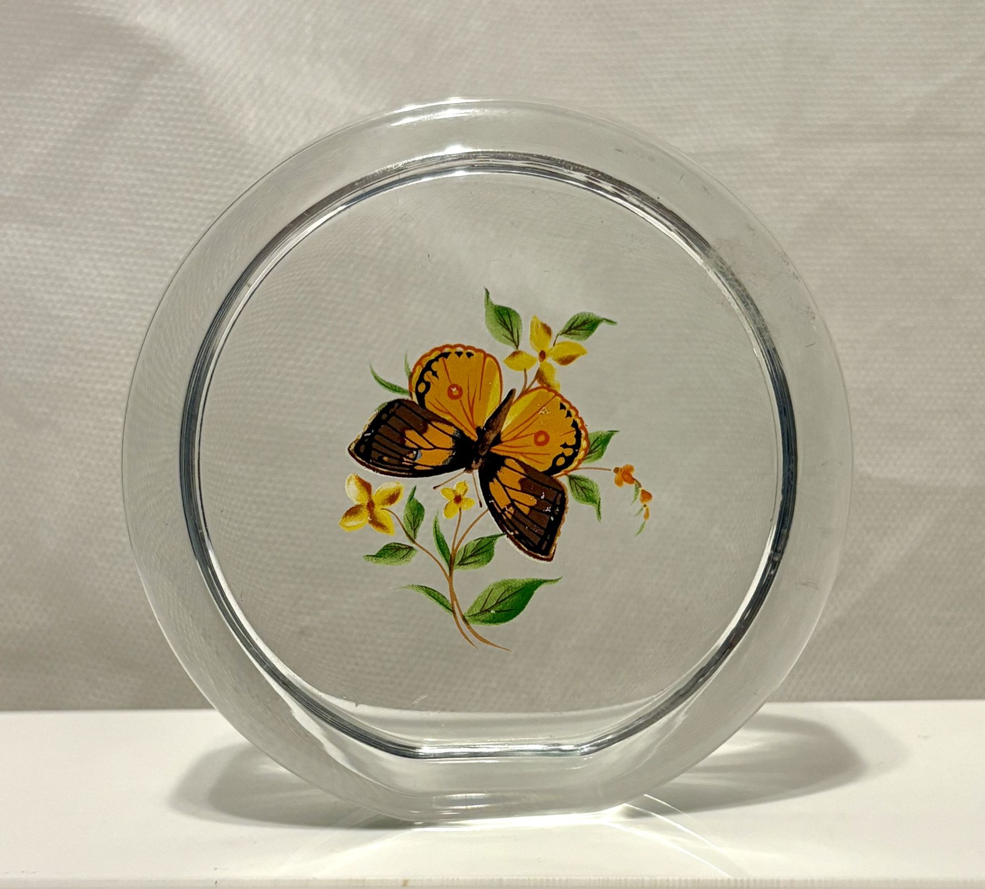 Viking Round Clear Glass Butterfly/Flowers Paperweight 1970’s