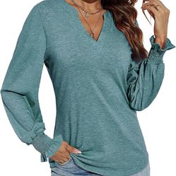 NEW Romanstii Women's Casual V-Neck T-Shirt Loose Puff Long Sleeve Tops Tunic Blouse