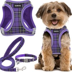 Reflective Adjustable Pet Harness Collar and Leash Set - Plaid Purple, XS