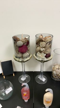 Tall Glass Pedestal Vases with Potpourri Set of 2