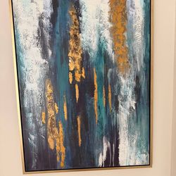 Large Modern Abstract Wall Art Set (2) – Gold & Teal Canvas – 35” x 47”