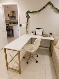 L-Shaped Desk White Top Gold Metal Frame - Desk Chair Included
