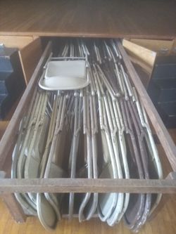 Used metal folding chairs $5 each. Used folding tables  $10 each.