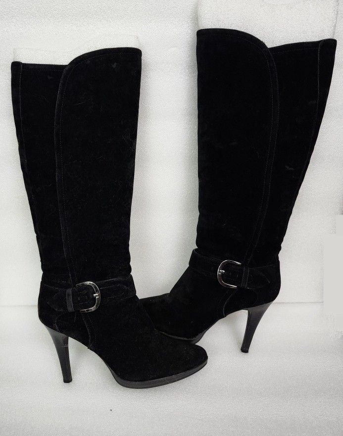 Worthington Black Faux Suede Tall High Heel Zip Up BOOTS Women's US Size 8-1/2