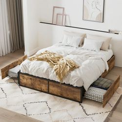 Queen Bed Frame, Metal Storage Platform Bed with 2 Ultra-Flexible Drawers & Easy Assembly, Brown