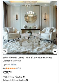 Silver Mirrored Coffee Table: 31.5in Round Crushed Diamond Tabletop
Crystal Glass Mirror Table for Living Room