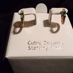 CZ Diamond Hoop Earrings With  Green Stome