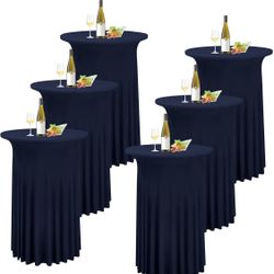 REWOMC 6 Packs Round Cocktail Table Skirt 32"X 43" Spandex Stretch Cocktail Tablecloth With Wavy Drapes, Navy Blue Spandex Fitted High Top Table Cover