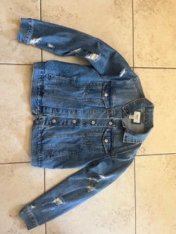 like new distressed jean jacket size m