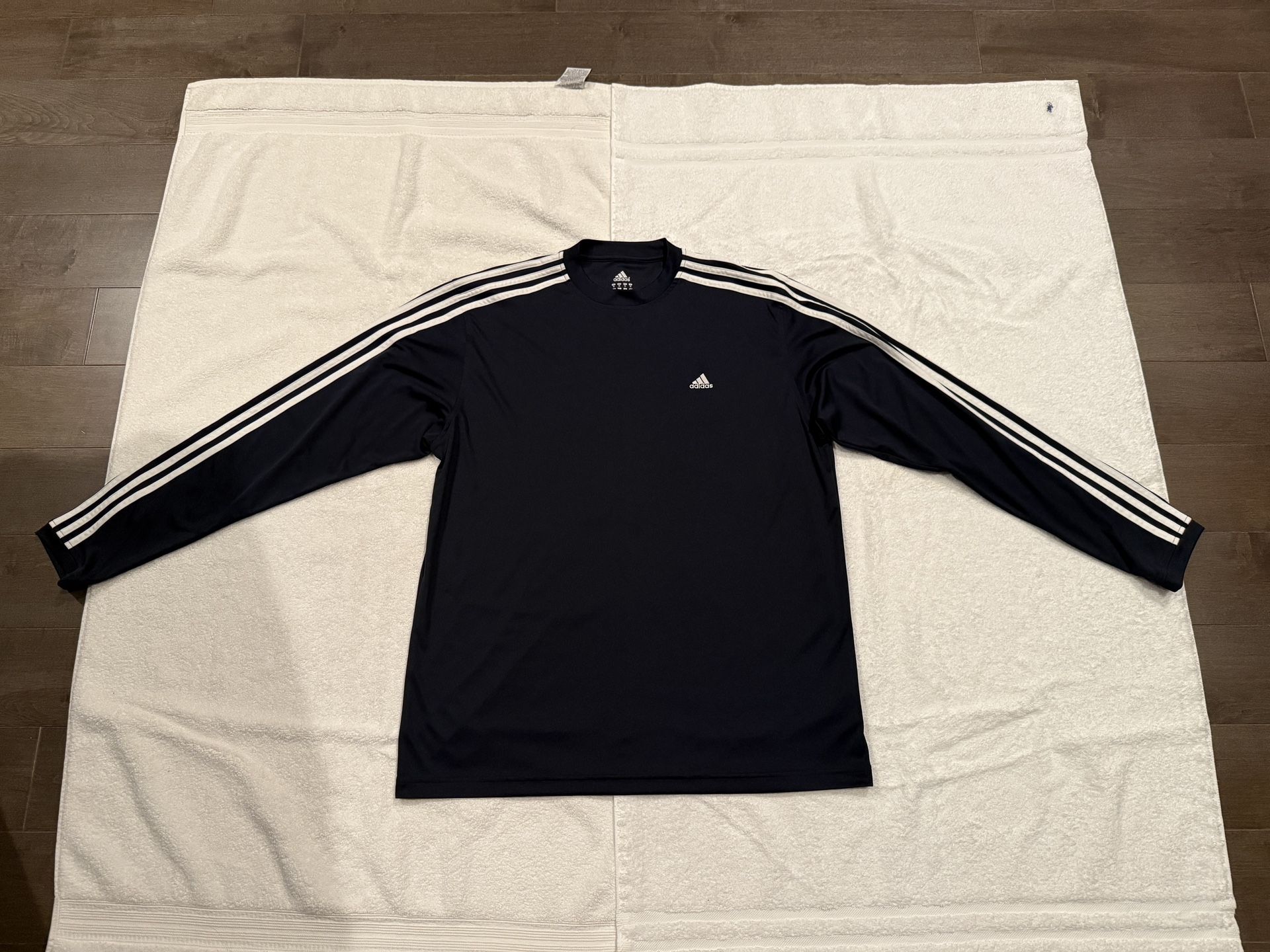 Vintage Mens Adidas L/S Climalite Shirt Embroidered Logo w/3 Stripes, Navy, XL