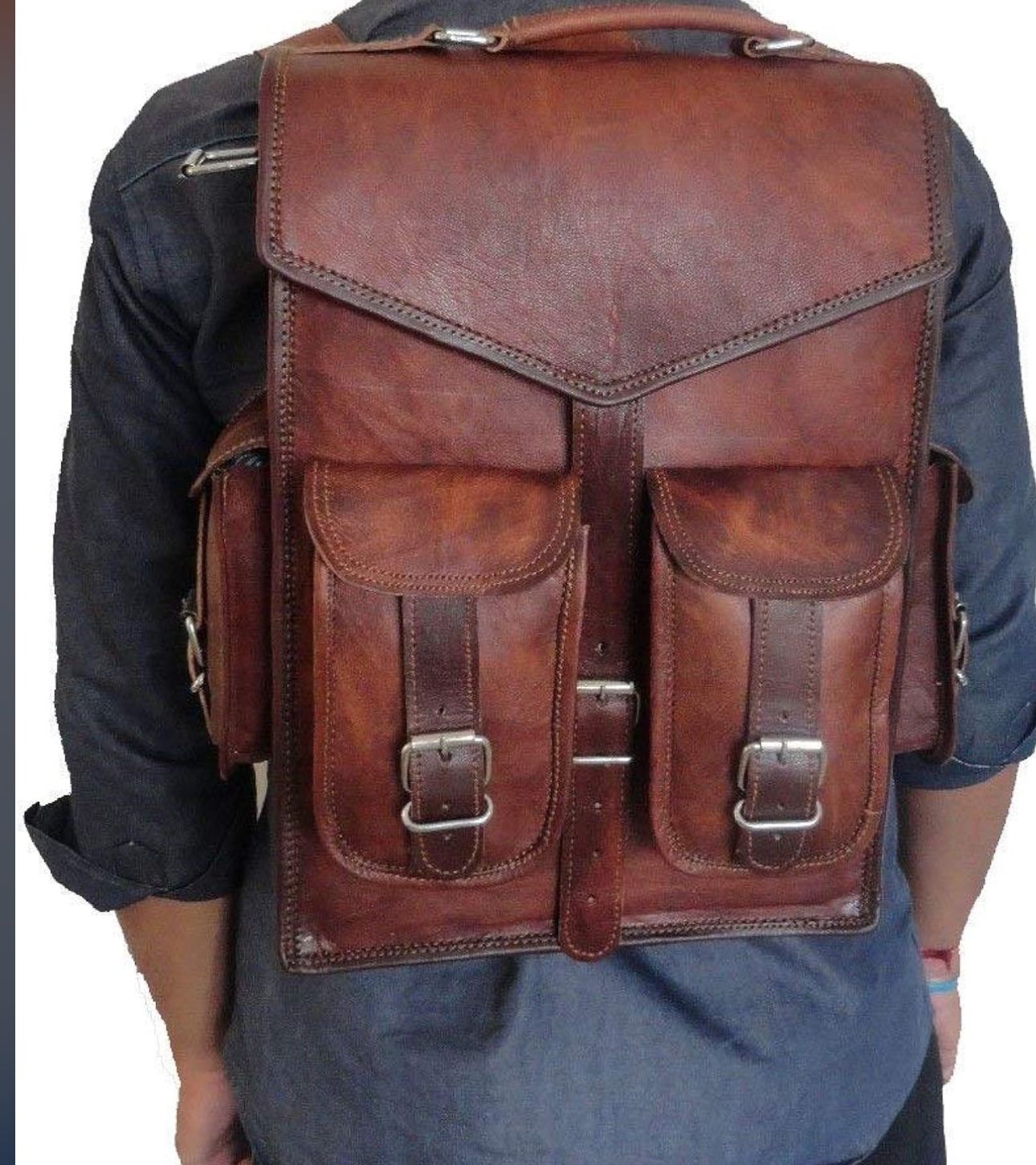 Handmade Brown Leather Messenger Sling Bag / Backpack Rucksack for Men Women (11" x 15") 