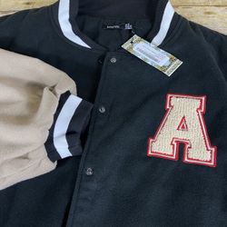 boohoo Varsity "A" Black Beige Oversized Bomber Jacket Womens Sz US 12  / UK 16