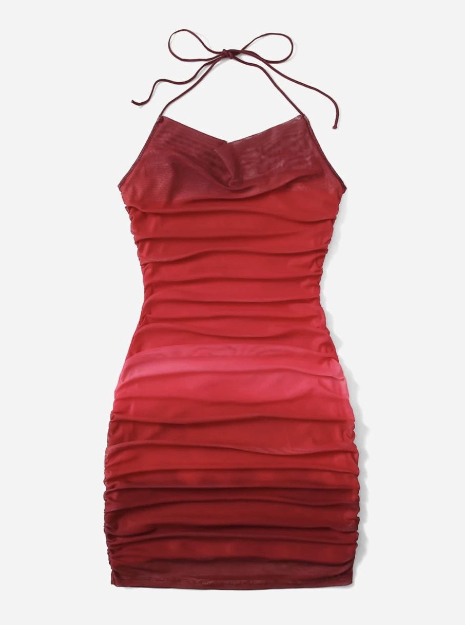 Ombre Ruched Mesh Bodycon Mini Dress - Size XS, Red