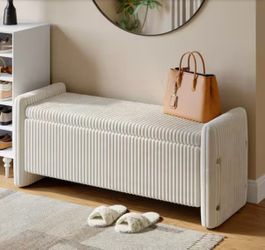 Bed Bench Off-White Velvet Rectangular Storage Large (Over 44 in.) Ottoman