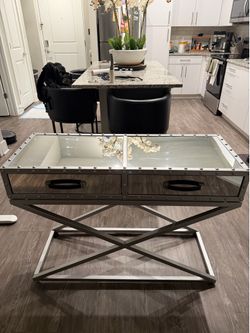 Industrial Rivet Glass Top Coffee Table w/ Drawers – Silver/Gunmetal Modern Loft Style