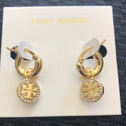 Tory Burch GOLD round crystal T LOGO minimalist dangle drop charm hoop earrings