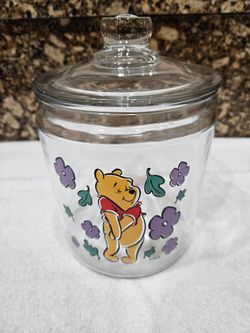 Vintage Rare Walt Disney Winnie The Pooh Large Cookie Canister Glass Decor Mickey Minnie Kitchen