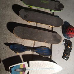 3 Skateboards, 2 Ripsticks, helmet n pads 