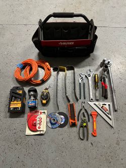 Husky Tool Bag Lot w/ Mixed Hand Tools, Extension Cords, Drill Bits, Ratchet