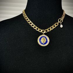 Vintage Sapphire Versace Blue Lions Head Necklace 