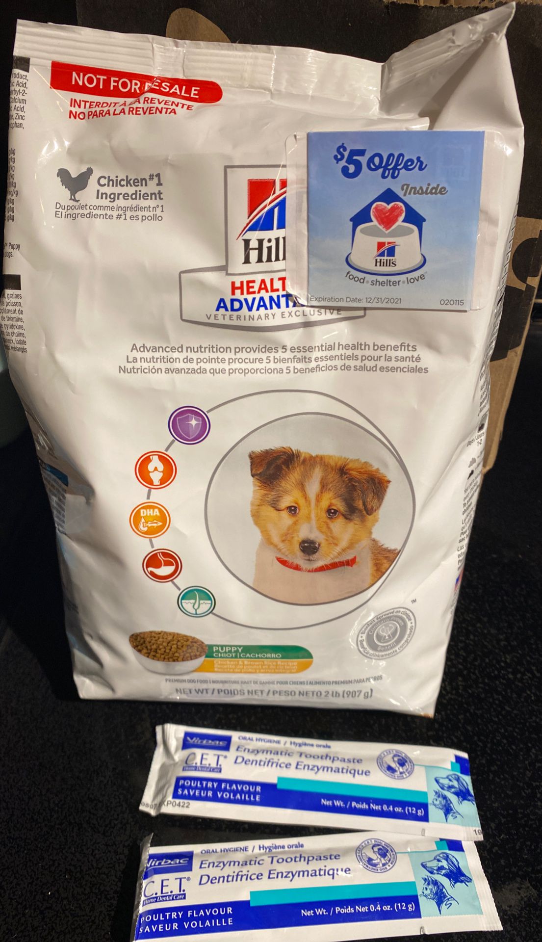 Free puppy welcome bag (puppy food and toothpaste)