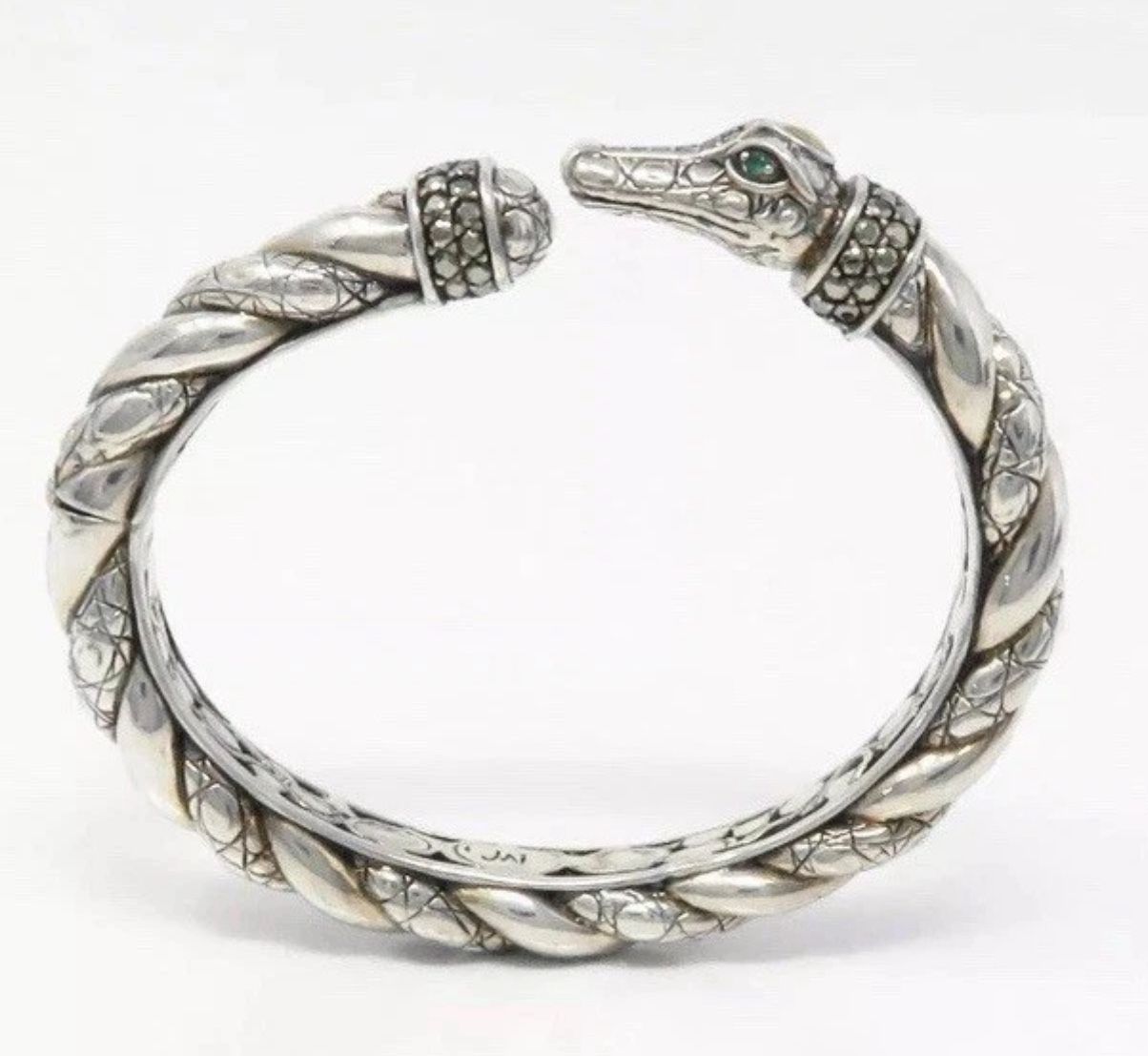 FREE SHIPPING! JAI John Hardy Alligator Cuff Bracelet 925 Silver 14K Gold 2 mm Emerald Eyes 7”