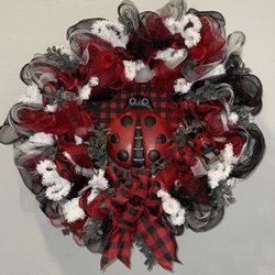 Ladybug Wreath With Buffalo Ribbon