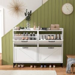 New Contemporary Shoe Storage Cabinet for Entryway, White Narrow with 4 Flip Drawers