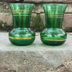 Vintage Anchor Hocking Mini Forest Green Glass Small Bud Vases with Gold Stripes