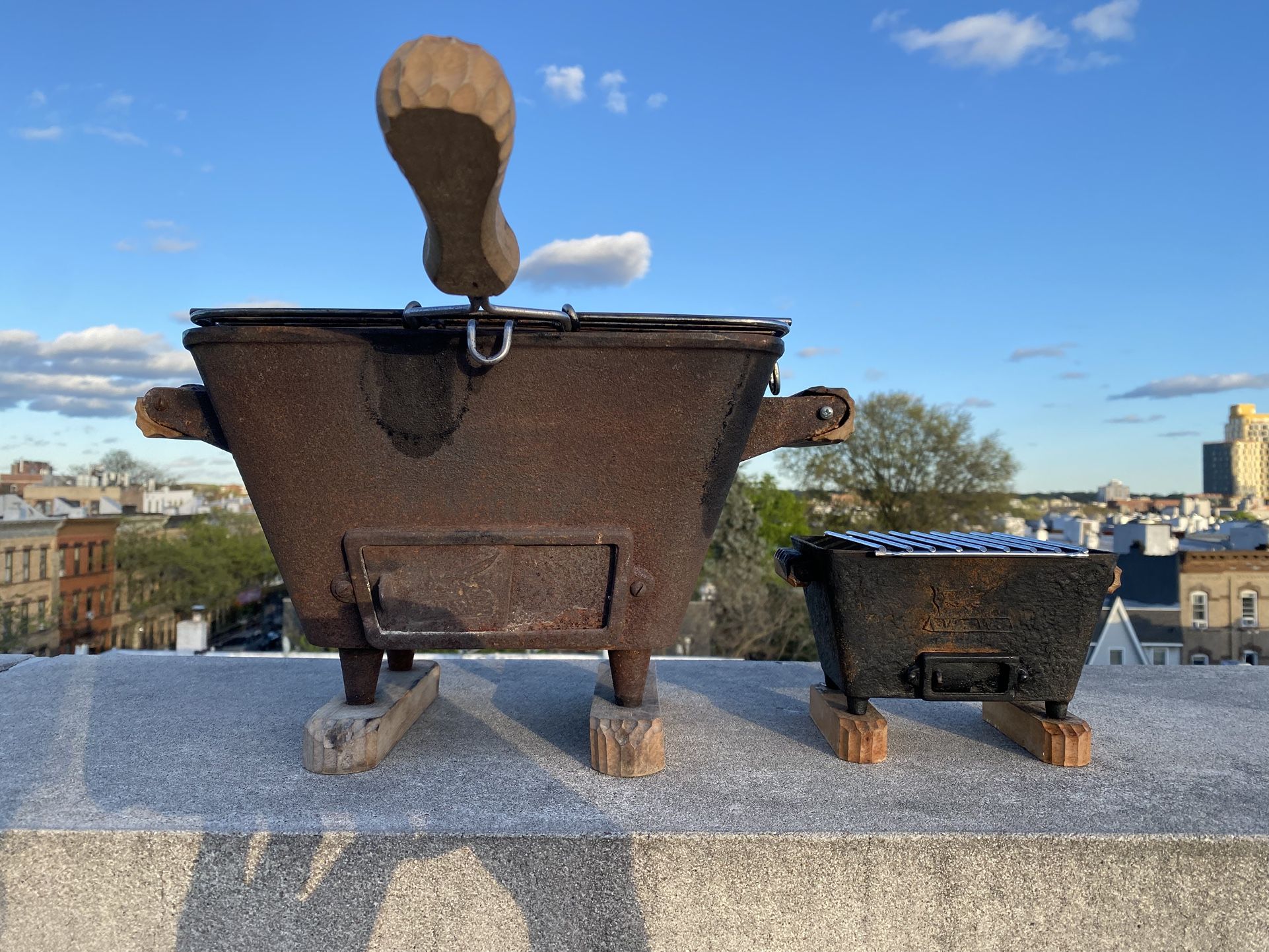 Vintage Woodpecker Woodware Cast Iron Tabletop Hibachi Grill Set Made in Japan Made In Japan