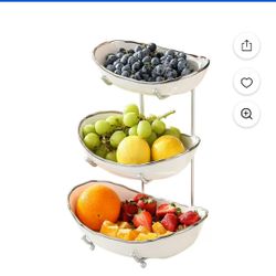 3 Tier Serving Stand Oval Serving Bowl with Metal Rack,Tiered White Porcelain Bowls for Fruit Vegetable Storage, Snack, Nuts, Cake, Dessert Tray for P